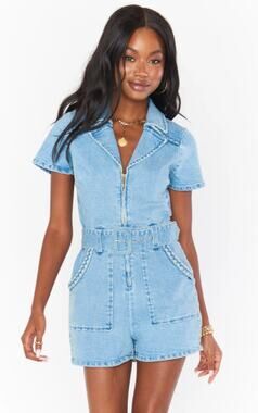 Show Me Your Mumu Outlaw Denim Romper Medium M Tide Blue Front Zip Belted